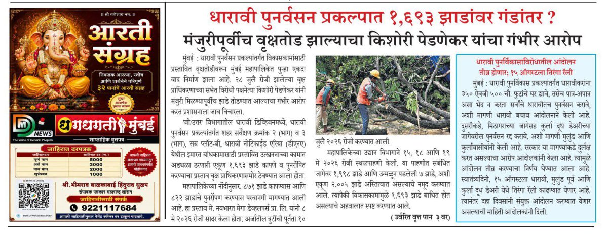 धारावी पुनर्वसन प्रकल्पात १,६९३ झाडांवर गंडांतर ?